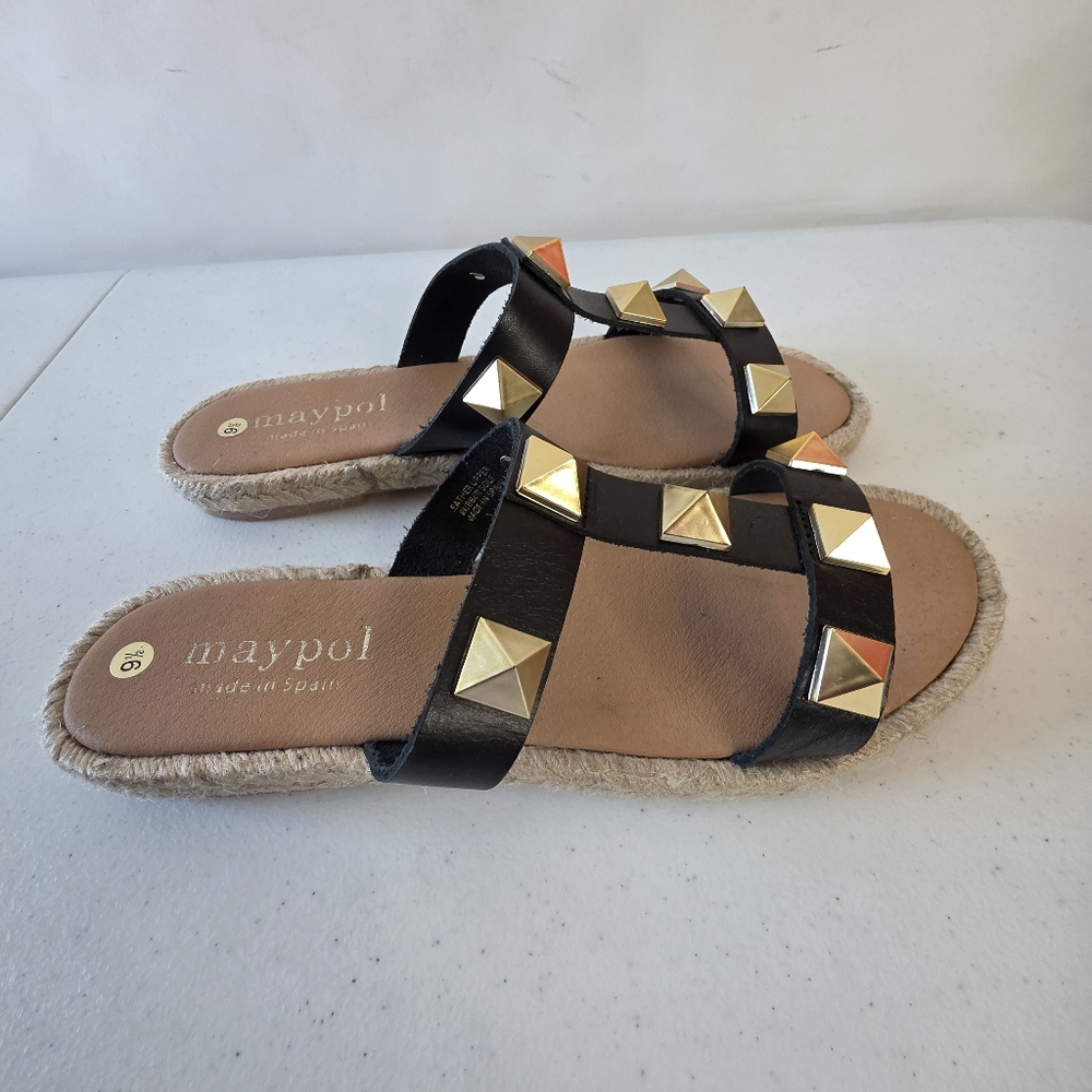 Maypol Raffia Trim Studded Leather Sandal Size 9.5 EU 41 Open Toe Slip-on Summer - Picture 3 of 13